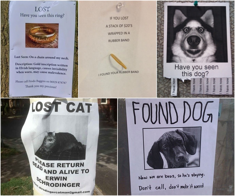 Funny Lost and Found Signs That Are Worth Stopping For | Reddit.com/foxystoat69 & Flalaski & Imgur.com/fHuhw & e3Zkz & LGhRH