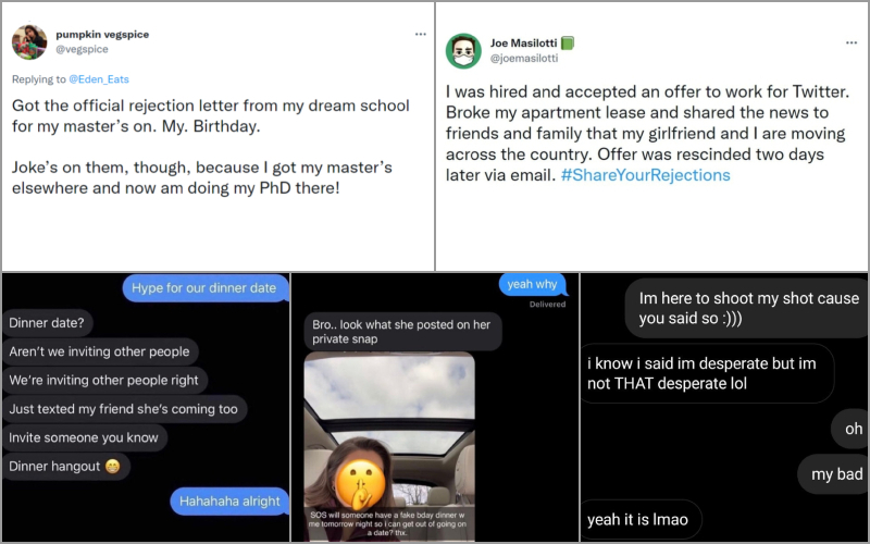 The Most Devastating Rejection Stories. These Are the Best of the Worst! | Twitter/@vegspice & @joemasilotti & Reddit.com/Anonymous & blazikin55 & Onfour 