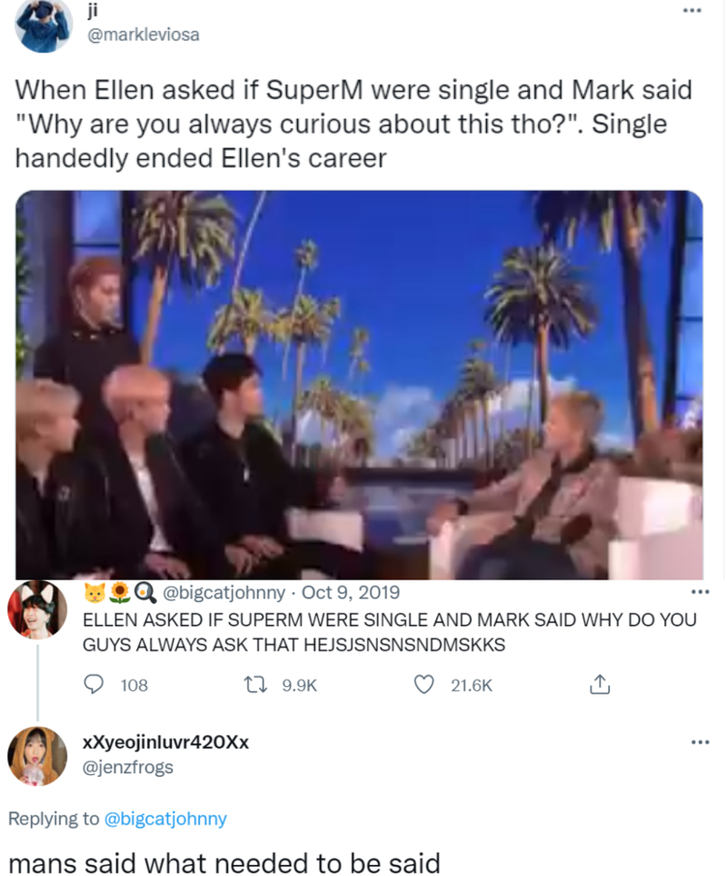 The Internet Thanked SuperM for Putting Ellen on the Spot  | Twitter/@markleviosa/@jenzfrogs