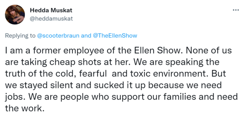 Hedda Muskat: ‘Ellen’s apology is 16 years too late’  | Twitter/@heddamuskat
