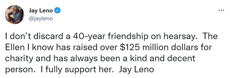 Jay Leno tuitea algo agradable sobre Ellen | Twitter/@jayleno