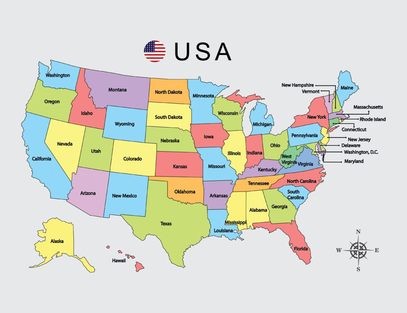 5 usa. States Map with timezone. USA Map Kompas.